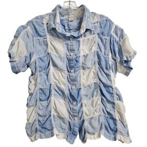 Dressbarn Woman Shirt Womens 3X Blue White Patchwork Textured Button Up SS Boho*